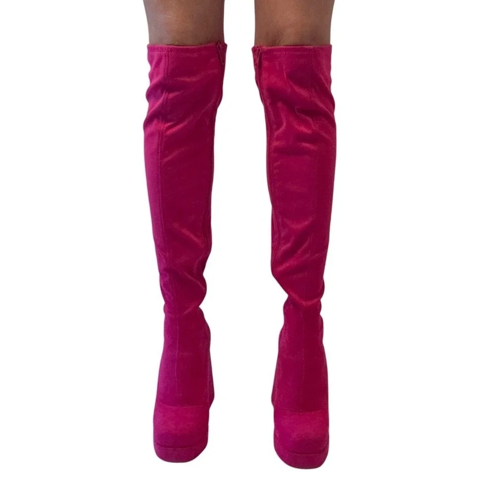 SODA‎ Hot Pink Suede Platform Chunky Heel Over The Knee Boots Womens Size 7 1/2